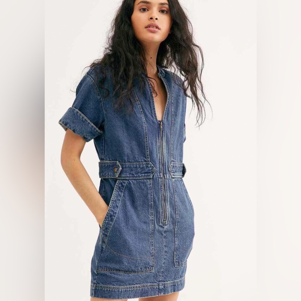 Free People Blue Denim Zip-Front Mini Dress
